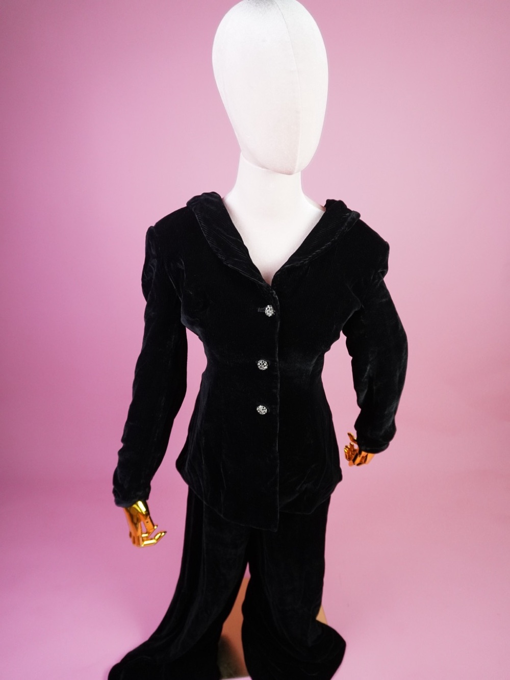 Black Backless Velvet Women's Suit with Rhinestone Buttons